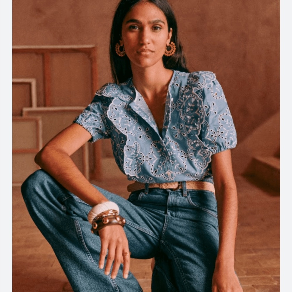 Sezane Jordanna Denim Blue Eyelet Blouse